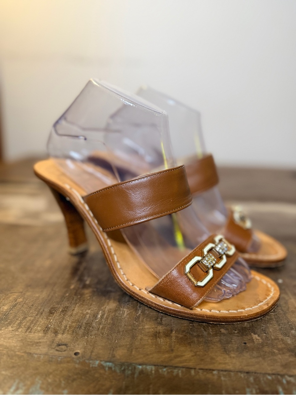 Italian Artisan Women's Tan Leather Mid-Heel Slide Sandals with Gold Accent
